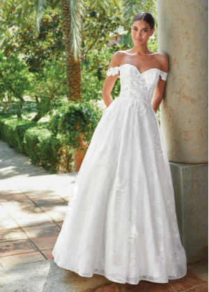 Beaded Off Shoulder Ivory Lace Romantic Wedding Dress